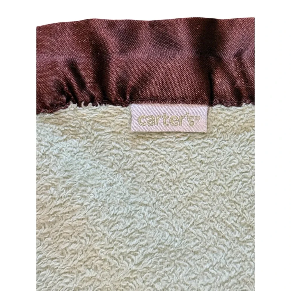 Carters Going Bananas Monkey Baby Blanket Sage Green Brown Satin  Trim 29x38